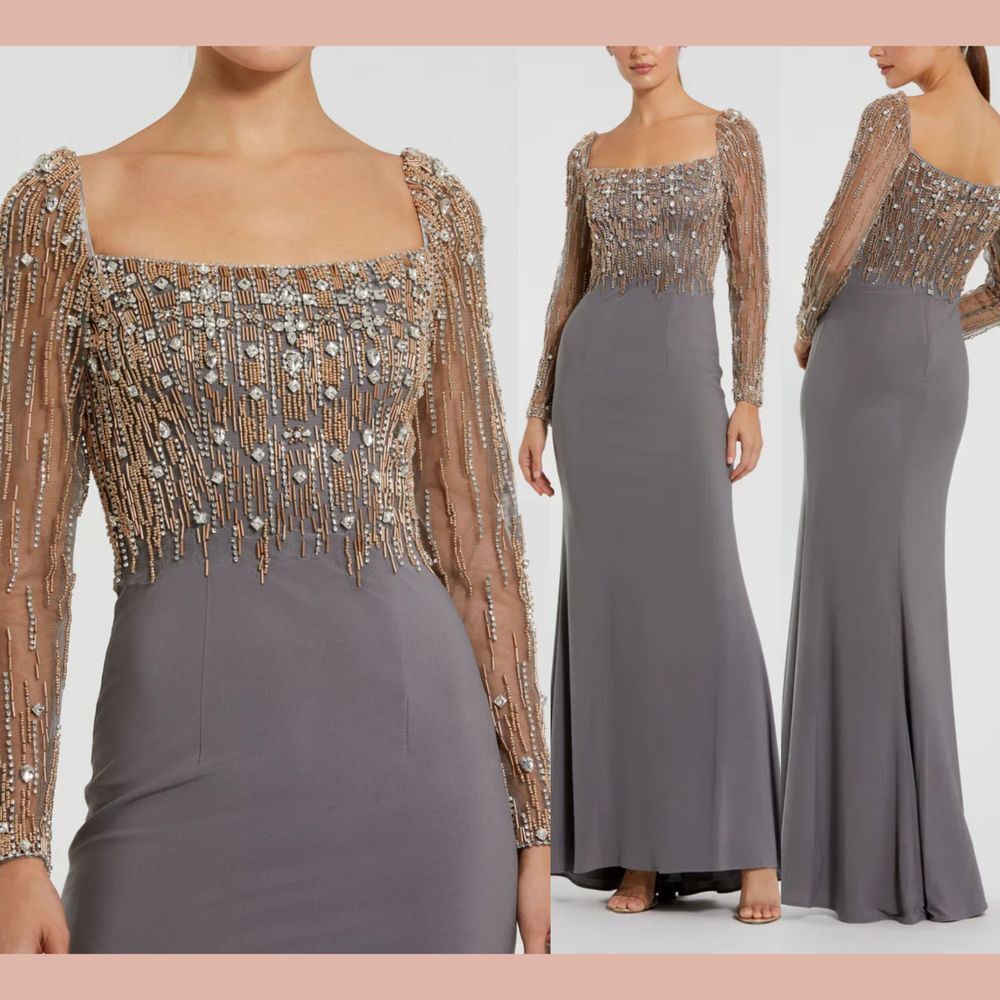 NWT MAC DUGGAL [ 14 ] 2256 Beaded Square Neck Long‎ Sleeve Jersey Gown Grey Gold